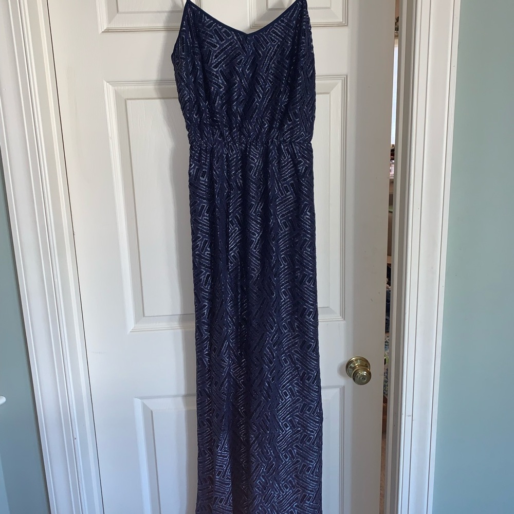 Lilly Pulitzer Navy Blue and Metallic Long Maxi Dress with Adjustable Straps